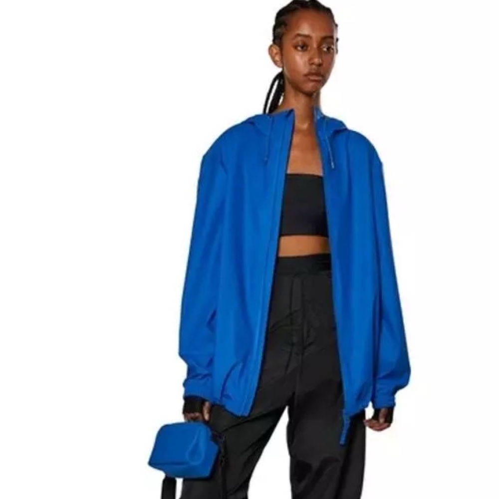RAINS Unisex Storm Breaker Hooded Raincoat Jacket Waves Blue Size Extra Small
